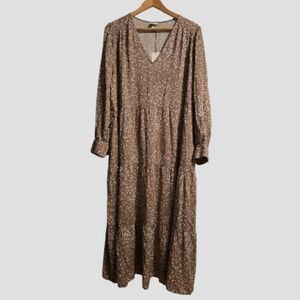 A New Day Maxi Tiered Dress XLarge Brown Long Sleeve Light Cheetah Boho-Chic